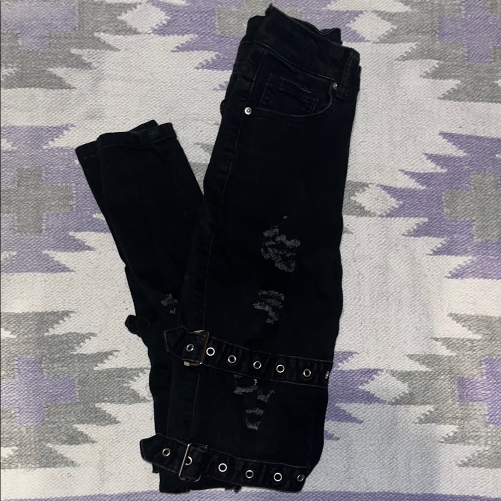 Black Denim Pants with Grommet Details